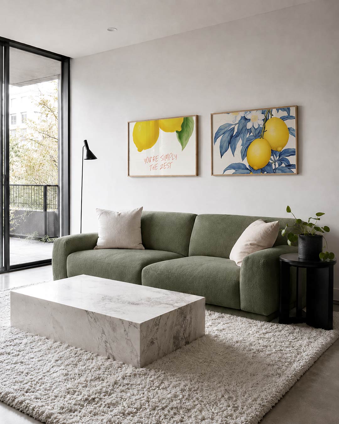 Interieurbeeld met twee liggende posters: gele citroenen met groene bladeren en de rode tekst ‘YOU’RE SIMPLY THE ZEST’