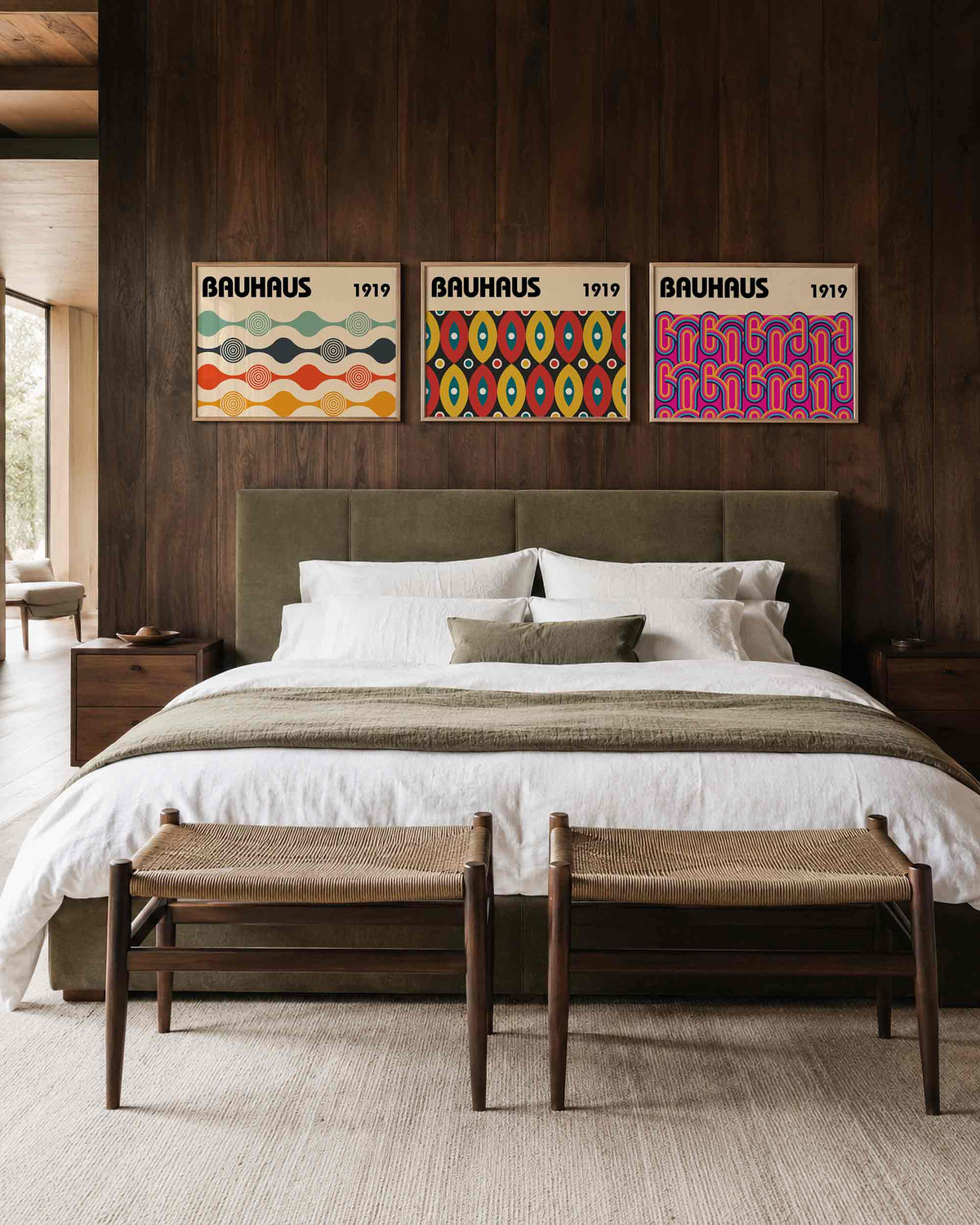 Interieurmockup van drieluik landscape-posterset met golven, ogen en bogen