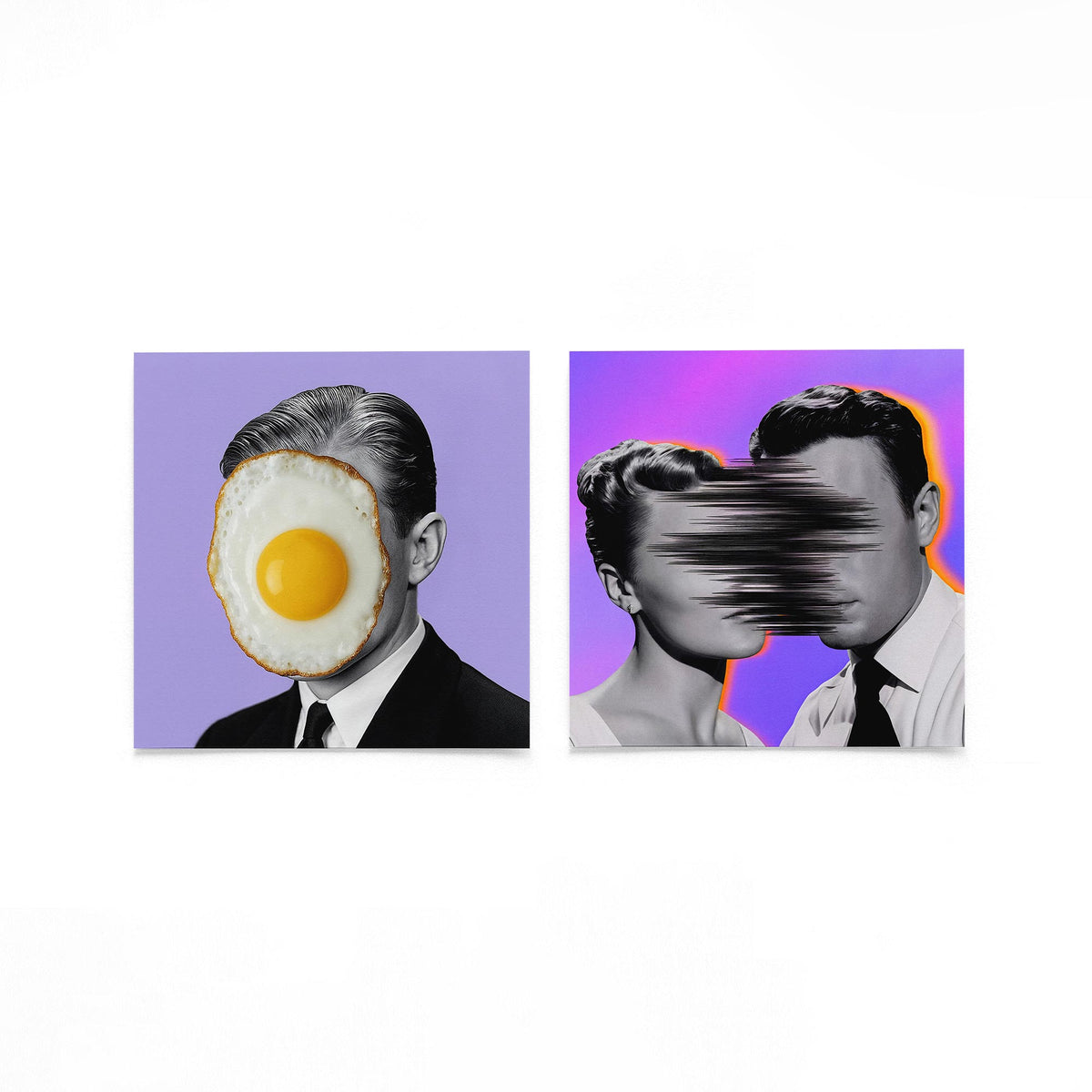 Twee vierkante posters met ei en portretten op een gebroken witte achtergrond