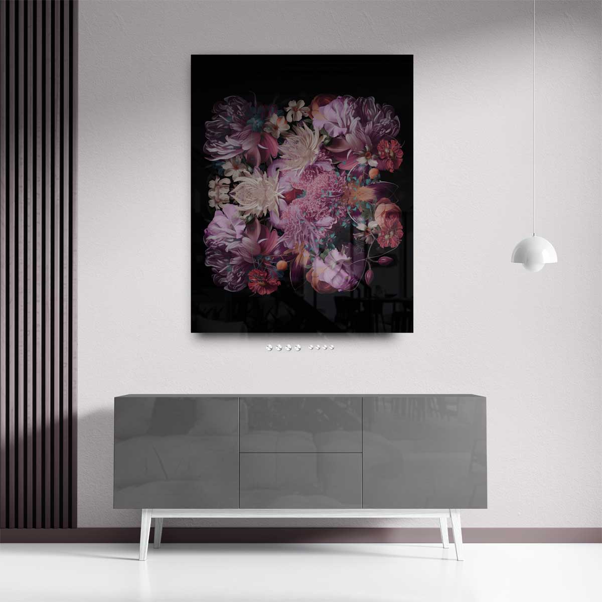 Bloemenpracht op Zwart Kunstwerk-canvas-dibond-plexiglas-wanddecoratie-WallArtistic