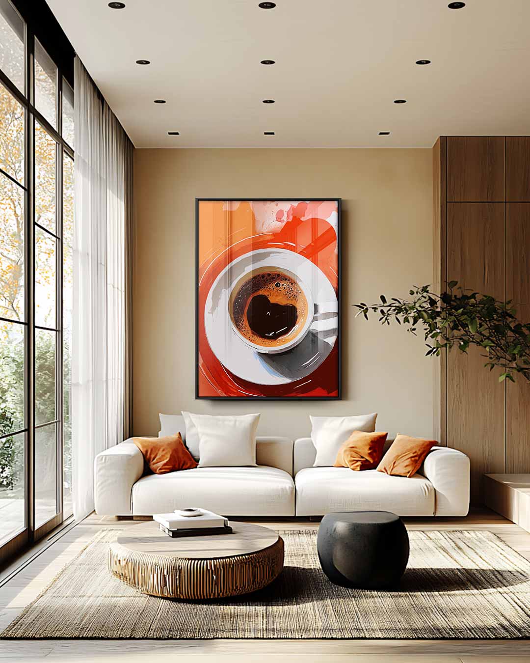 Koffiekunst in oranje Kunstwerk-canvas-dibond-plexiglas-wanddecoratie-WallArtistic
