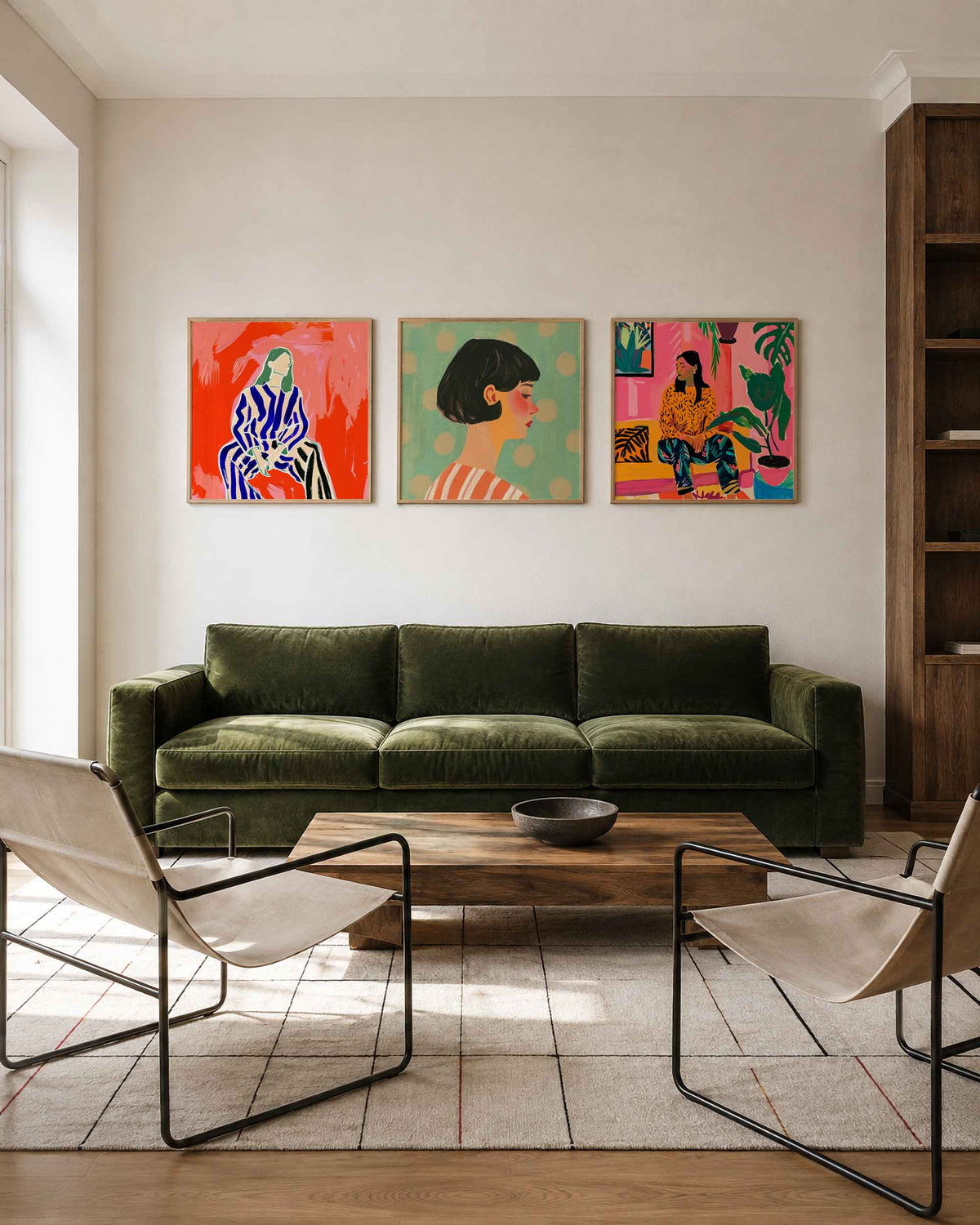 Interieurpresentatie van een driedelige vierkante posterset met vrouwenportretten