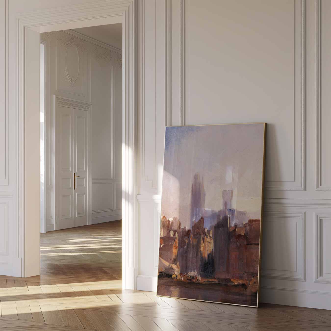 Stadssilhouet bij Zonsopgang Poster