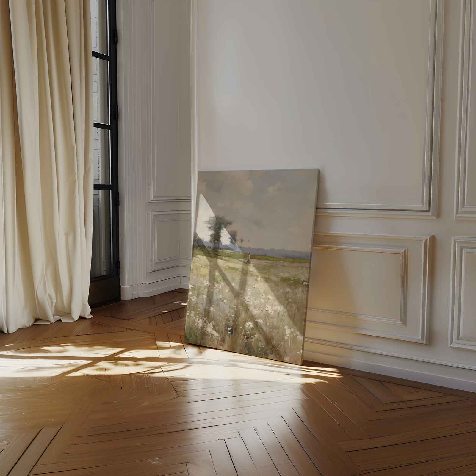 Lenteveld onder een Lucht van Wolken Kunstwerk-canvas-dibond-plexiglas-wanddecoratie-WallArtistic