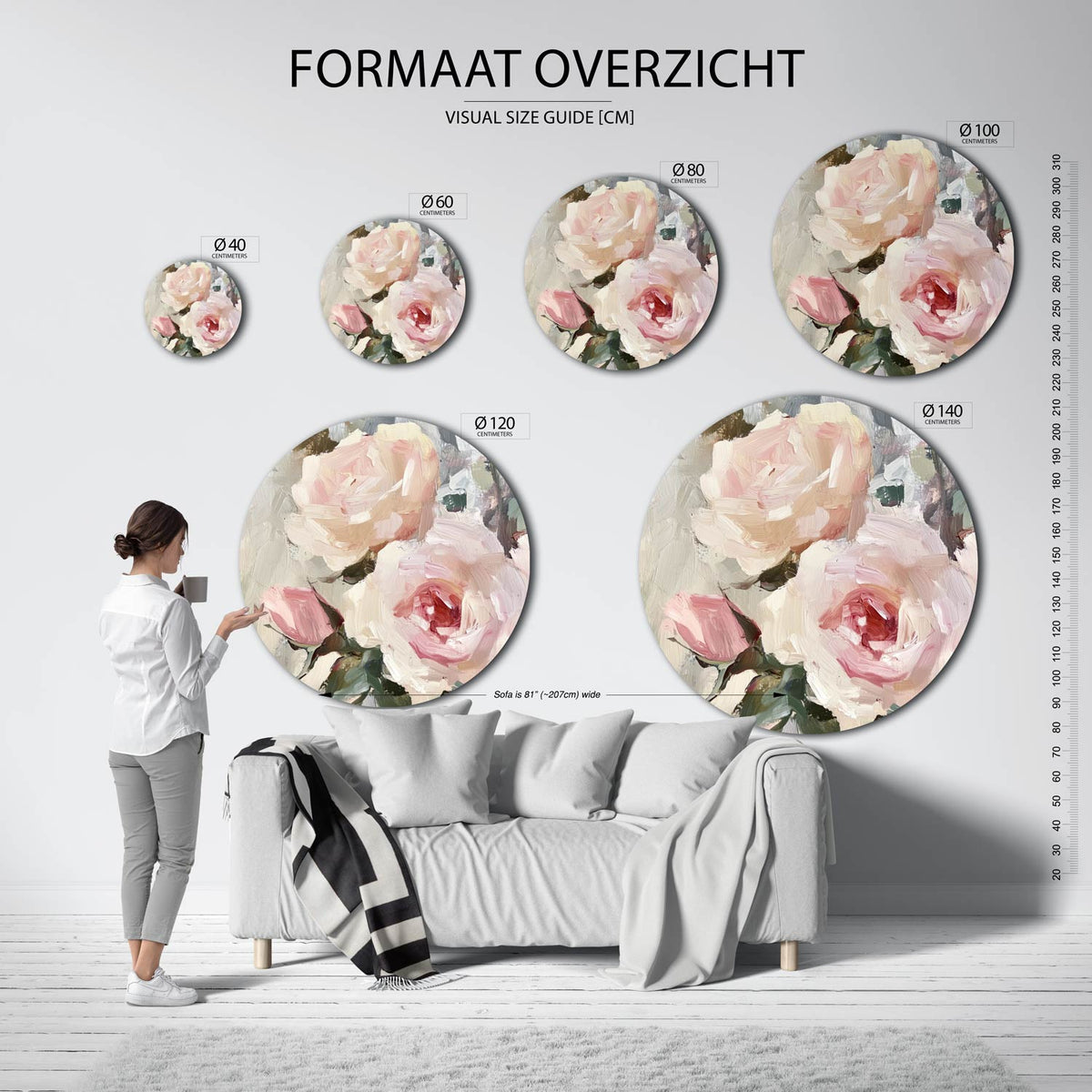 Rozen in zachte tinten Muurcirkel – extra productweergave – Muurcirkel met grote rozen in zachte roze en beige tinten