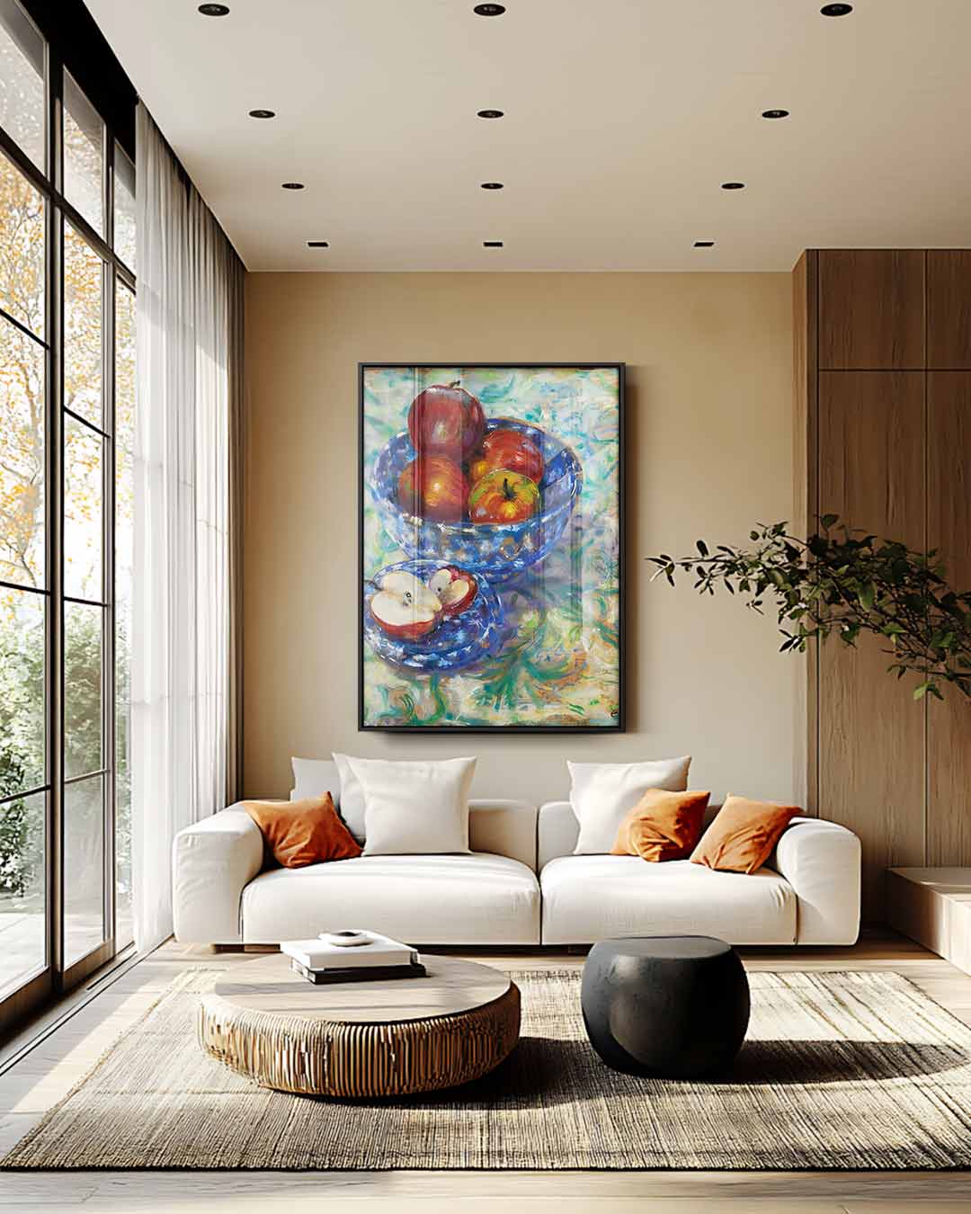 Stilleven met Fruit in Blauwe Schaal Kunstwerk-canvas-dibond-plexiglas-wanddecoratie-WallArtistic