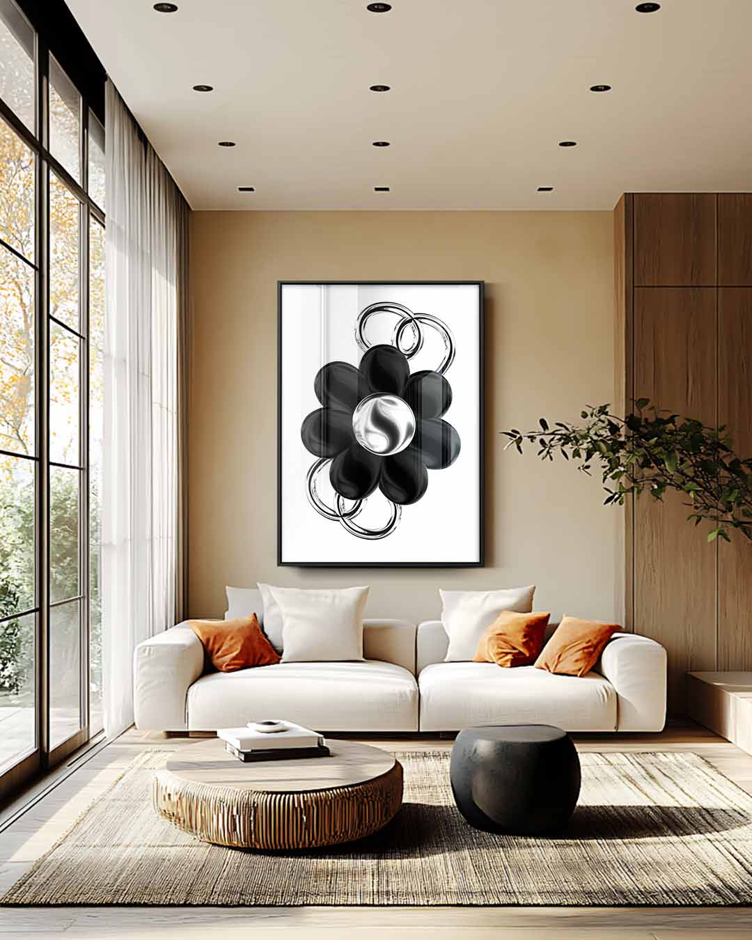 Bloem in Zilver en Zwart Kunstwerk-canvas-dibond-plexiglas-wanddecoratie-WallArtistic