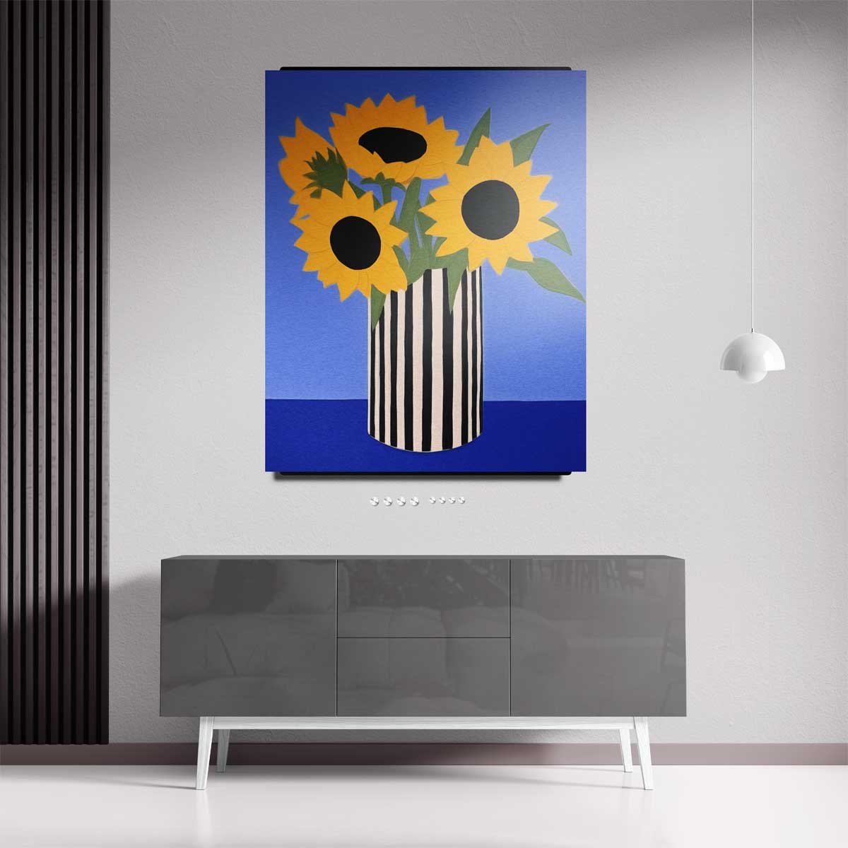 Zonnige Zonnebloemen in Streepjesvaas Kunstwerk-canvas-dibond-plexiglas-wanddecoratie-WallArtistic