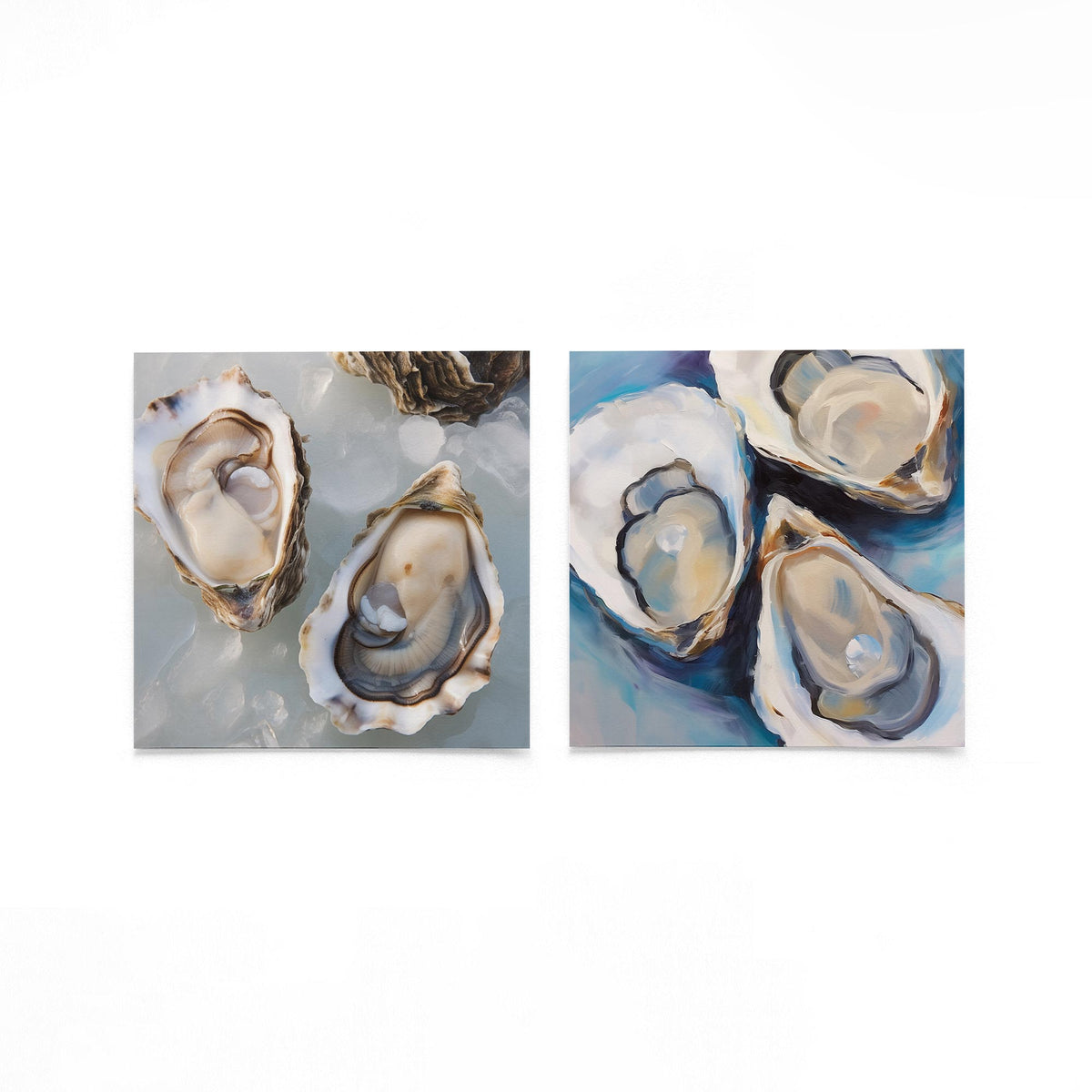 Twee vierkante posters met oesters in zee op een gebroken witte achtergrond