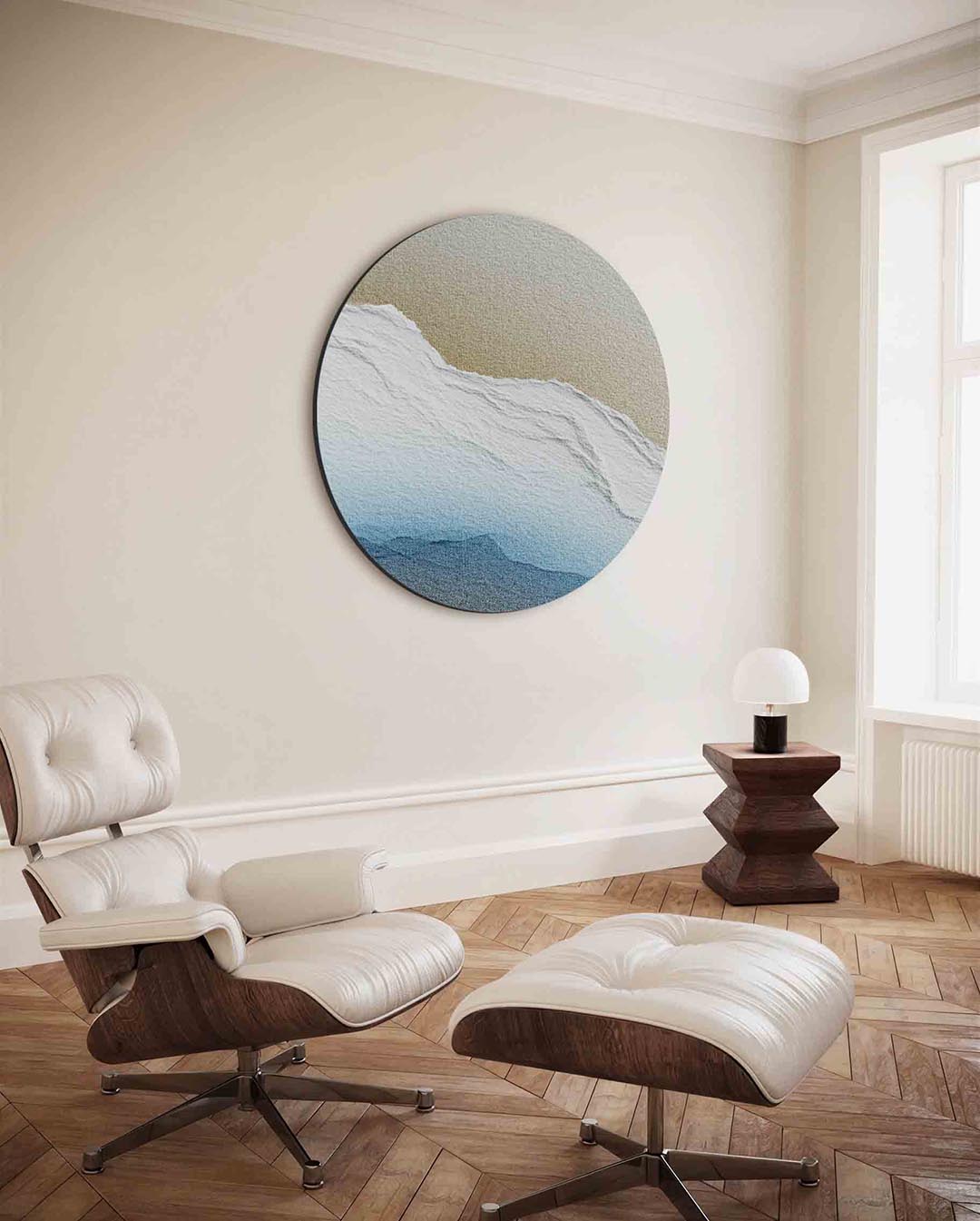 Landschap in blauw en beige Muurcirkel
