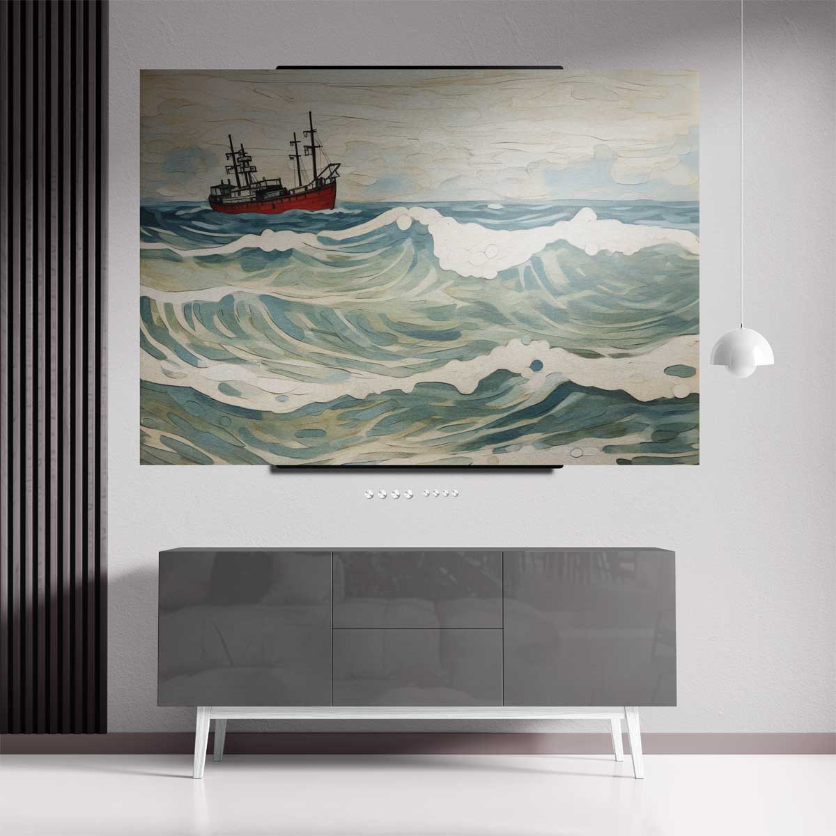 Golven van Avontuur: Rood Schip op Zee Kunstwerk-canvas-dibond-plexiglas-wanddecoratie-WallArtistic