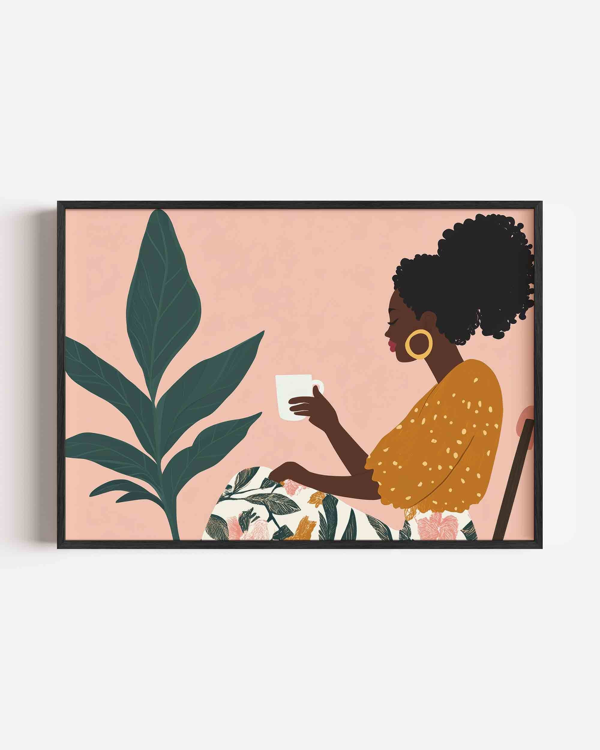 Vrouw met kopje en plant Poster