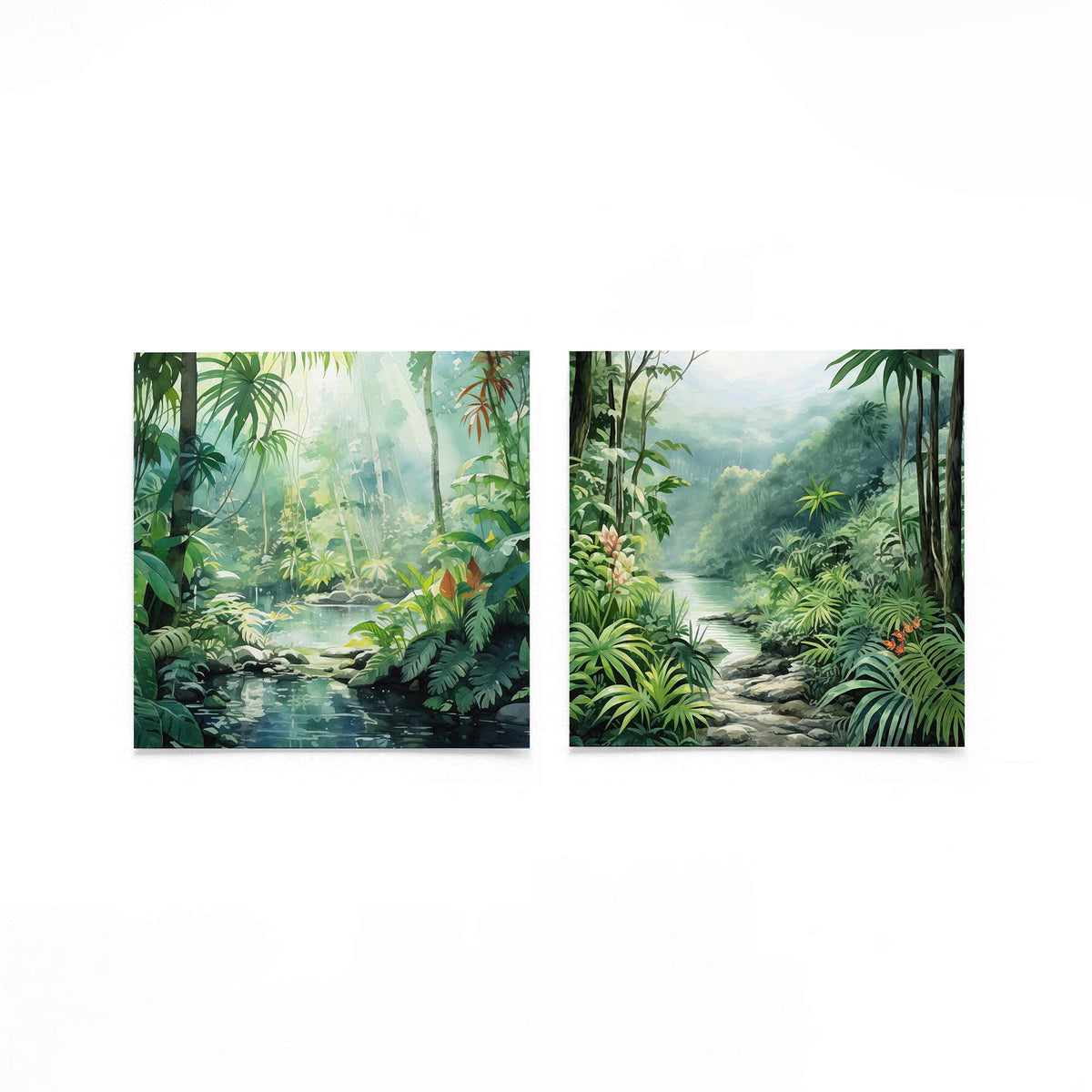 Twee vierkante posters met tropische jungle rivier op een gebroken witte achtergrond
