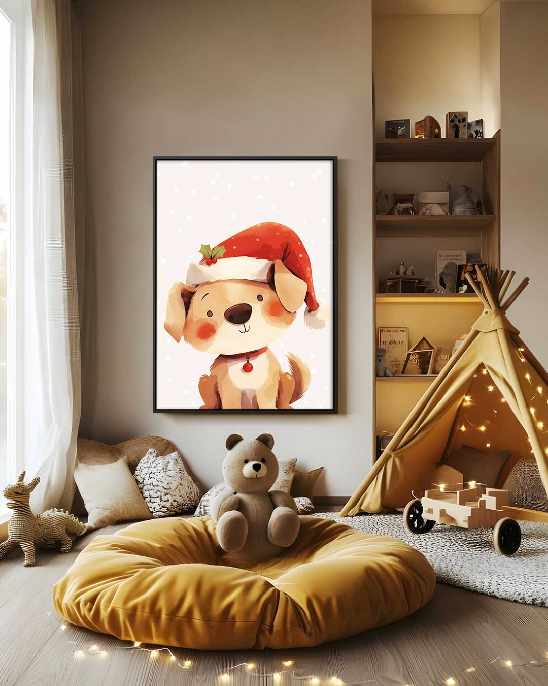 Kerstige Hond met Kerstmuts Kunstwerk-canvas-dibond-plexiglas-wanddecoratie-WallArtistic
