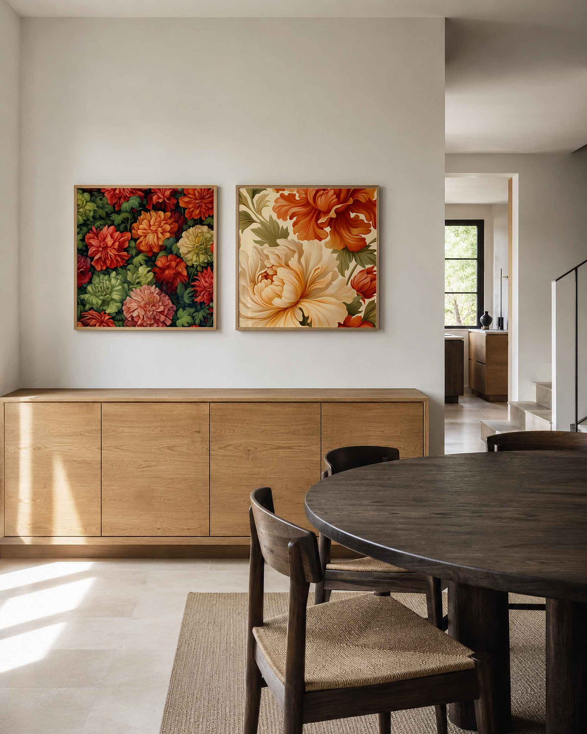 Interieurpresentatie van een tweedelige vierkante posterset met bloemen en bladeren