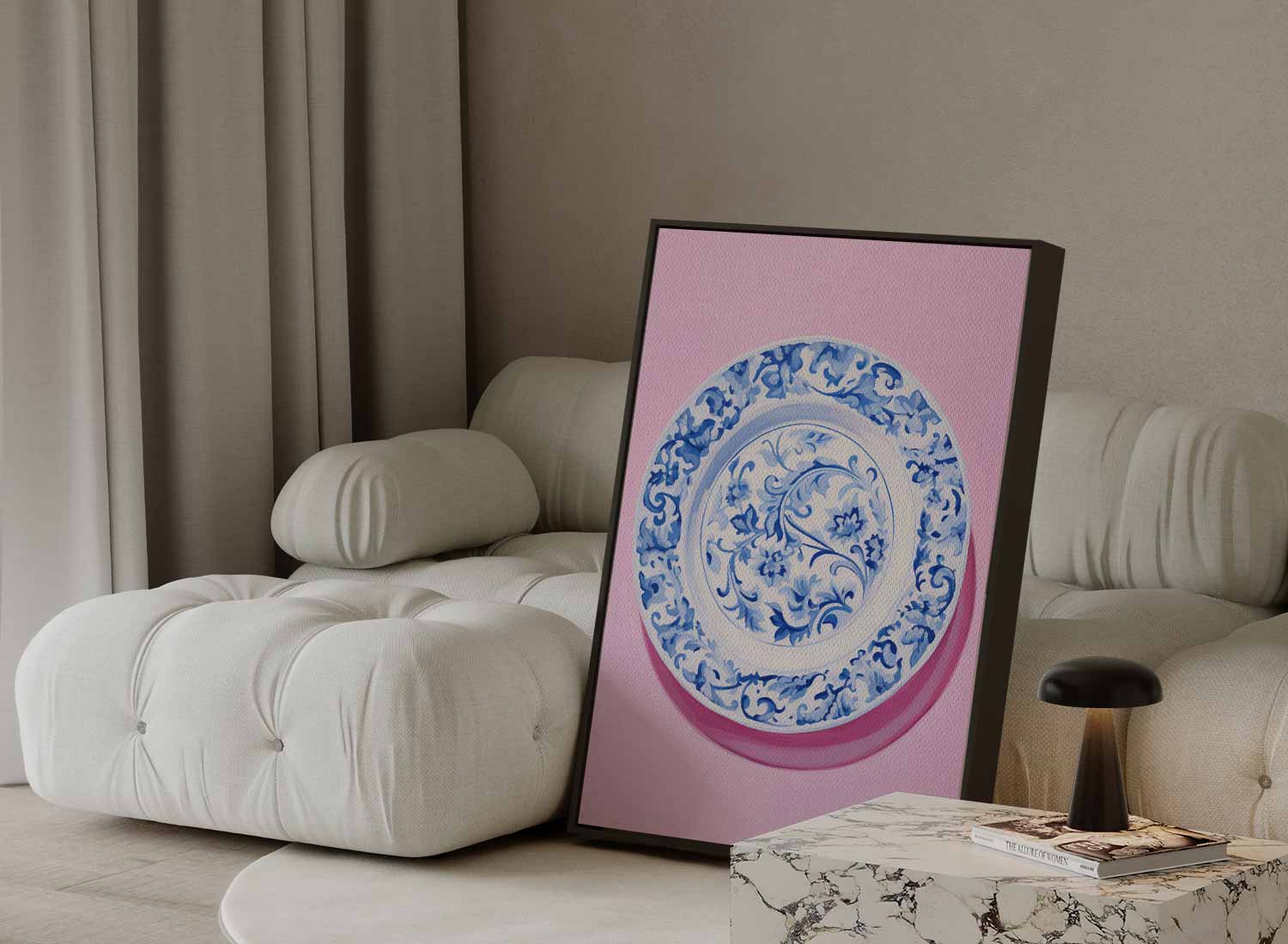 Blauwe Bloemenpracht op Roze Kunstwerk-canvas-dibond-plexiglas-wanddecoratie-WallArtistic