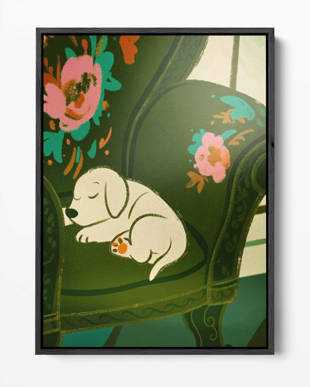 Slaapende Pup op Gebloemde Stoel Kunstwerk-canvas-dibond-plexiglas-wanddecoratie-WallArtistic