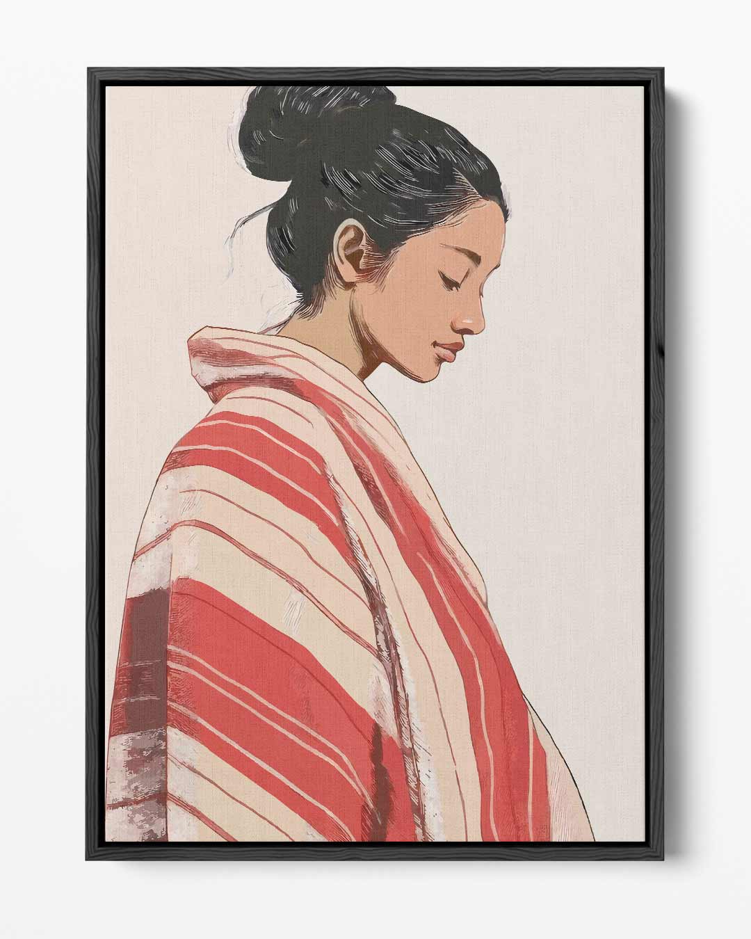 Vrouw in Rood-Wit Geblokte Kimono Kunstwerk-canvas-dibond-plexiglas-wanddecoratie-WallArtistic