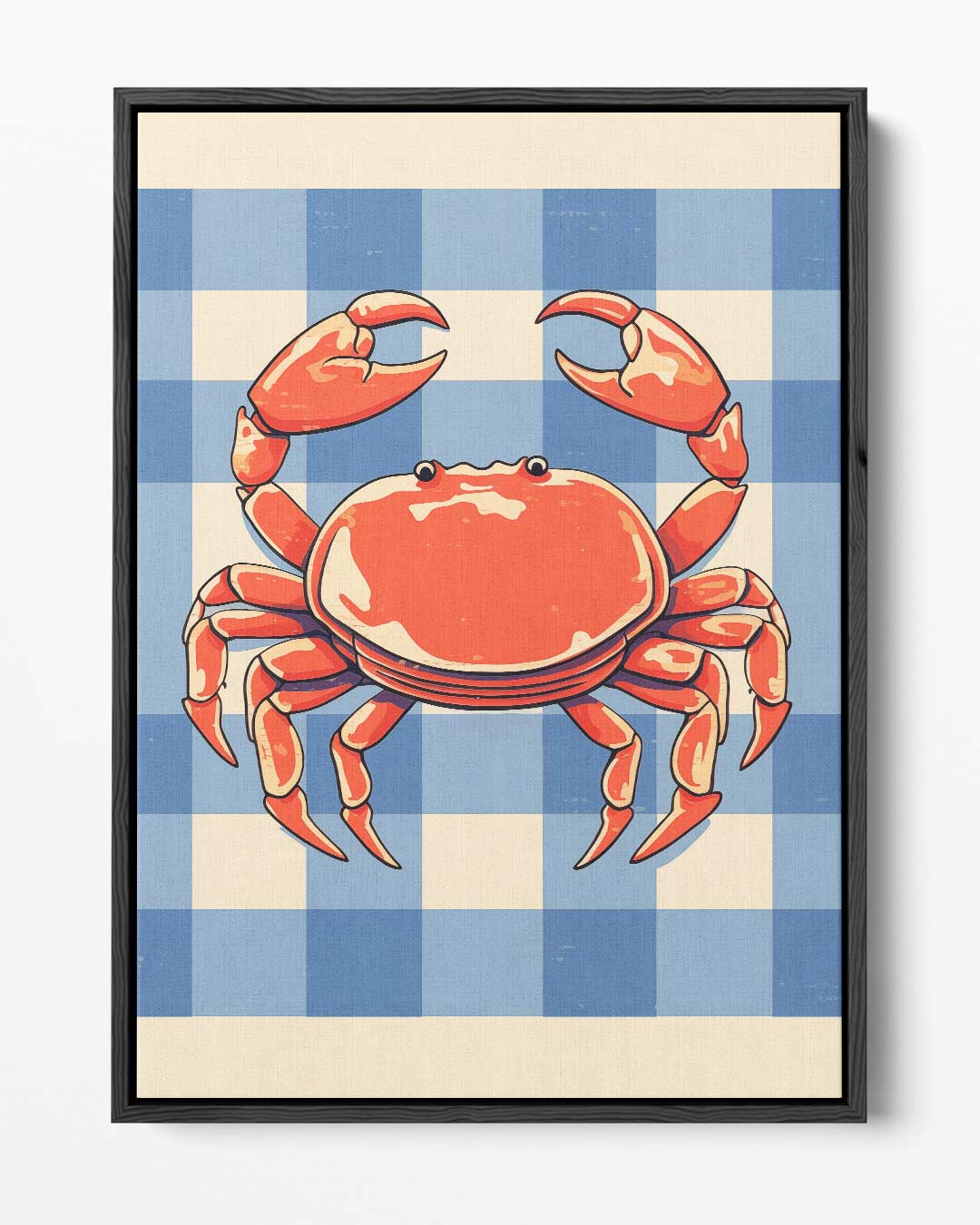 Vrolijke Krab op Blauw-Wit Patroon Kunstwerk-canvas-dibond-plexiglas-wanddecoratie-WallArtistic
