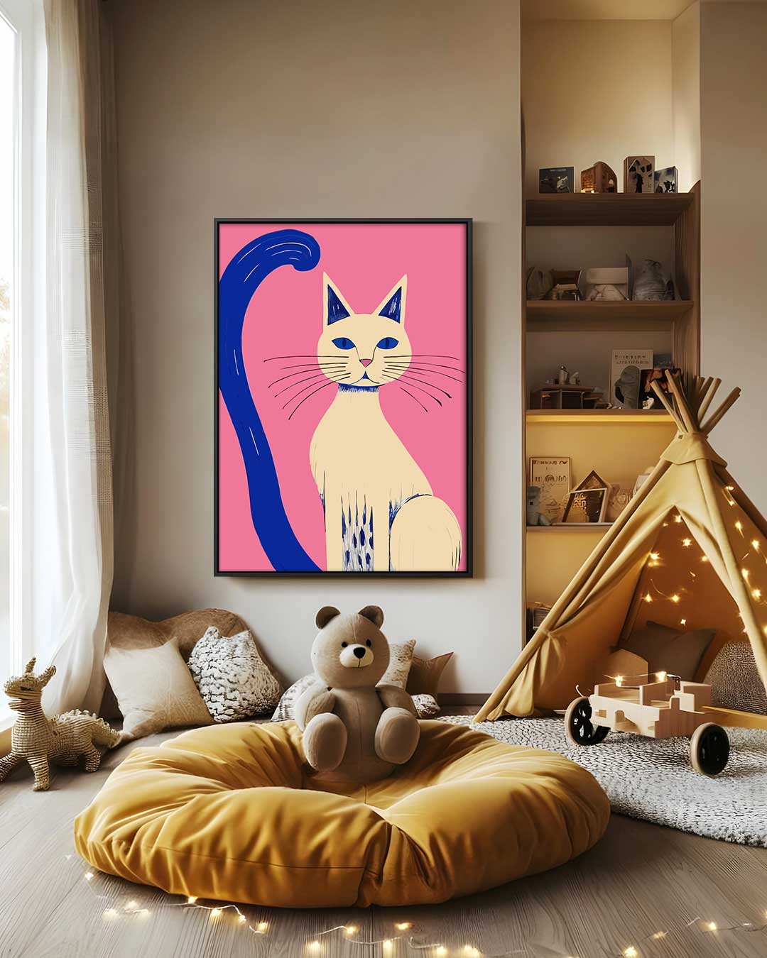 Kleurrijke Kat op Roze Achtergrond Kunstwerk-canvas-dibond-plexiglas-wanddecoratie-WallArtistic