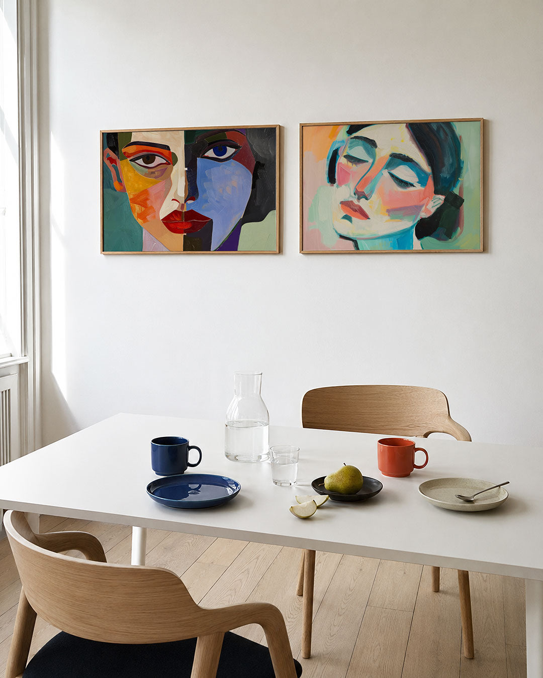 Twee liggende posters met een gezicht verdeeld in twee helften met contrasterende kleuren, aan de muur in een interieur
