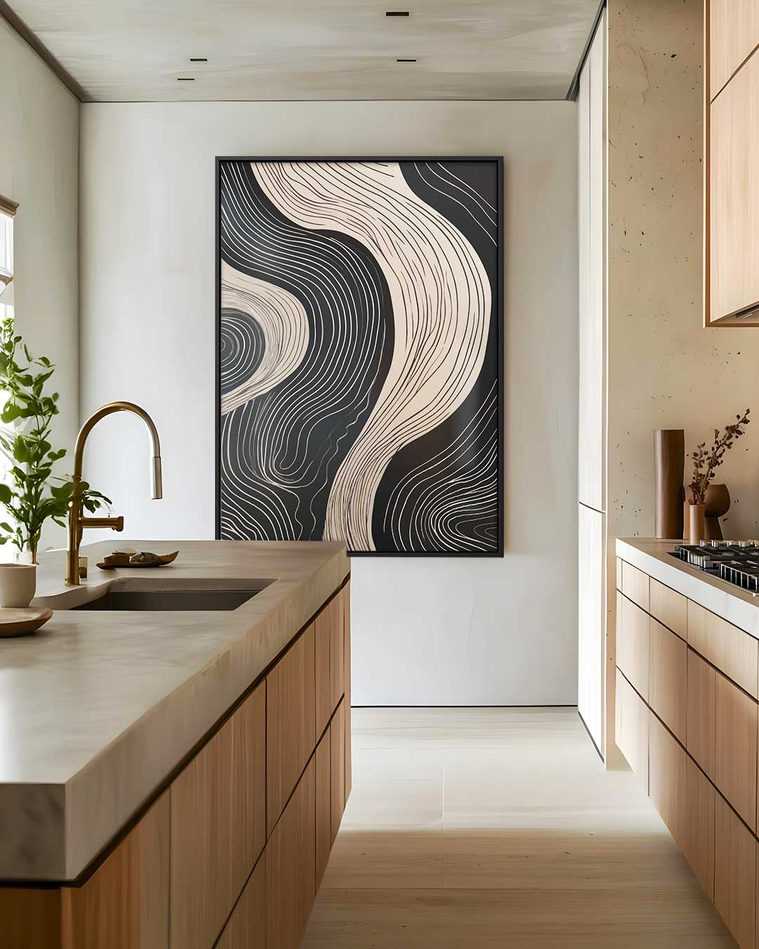 Golvende Lijnen op Zwart Kunstwerk-canvas-dibond-plexiglas-wanddecoratie-WallArtistic