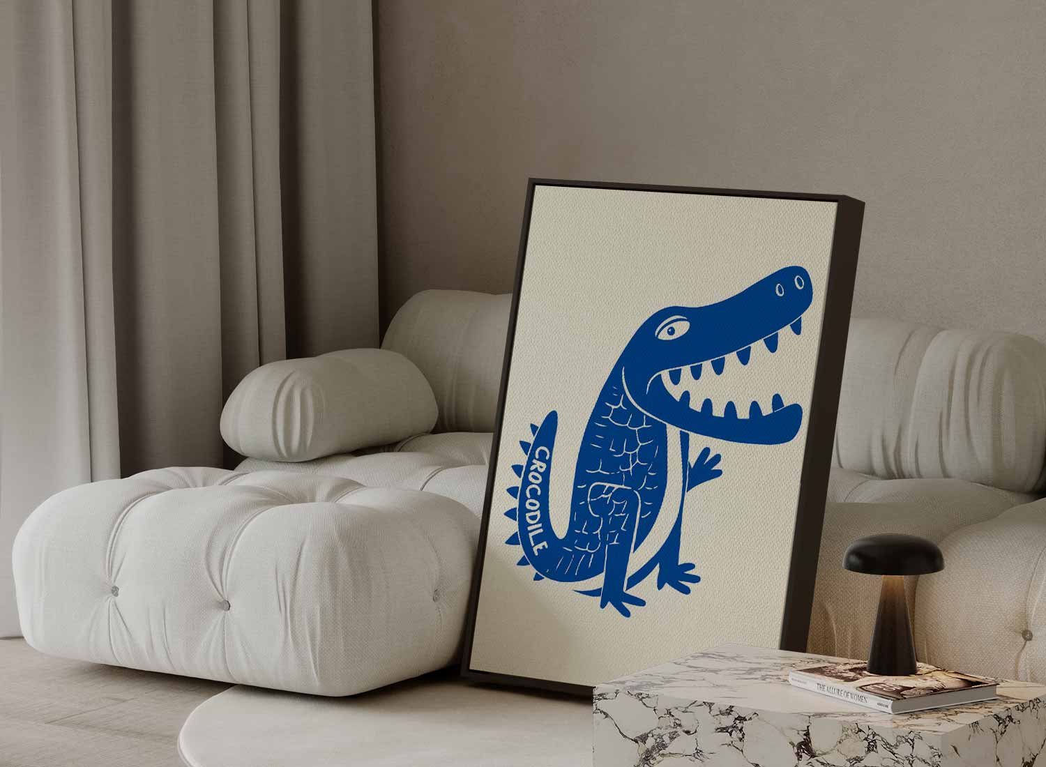 Speelse Blauwe Krokodil Illustratie Kunstwerk-canvas-dibond-plexiglas-wanddecoratie-WallArtistic