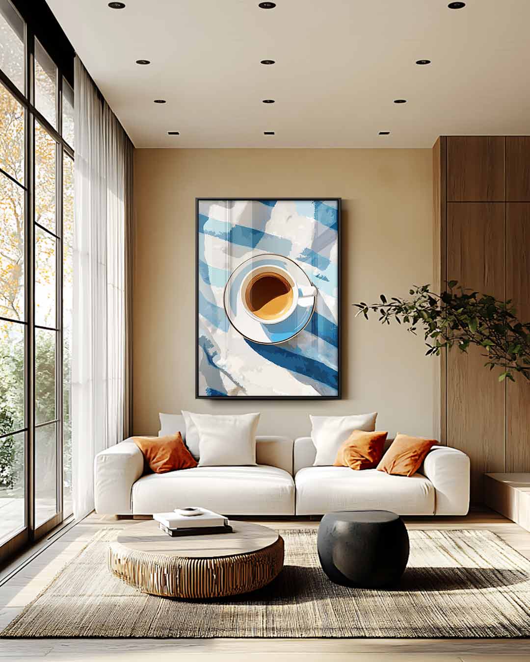 Koffiepauze op Blauwe Tafelloper Kunstwerk-canvas-dibond-plexiglas-wanddecoratie-WallArtistic