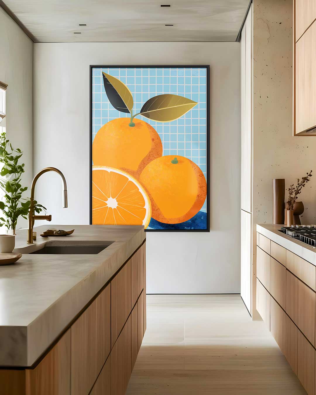 Vrolijke Sinaasappels op Blauw Kunstwerk-canvas-dibond-plexiglas-wanddecoratie-WallArtistic