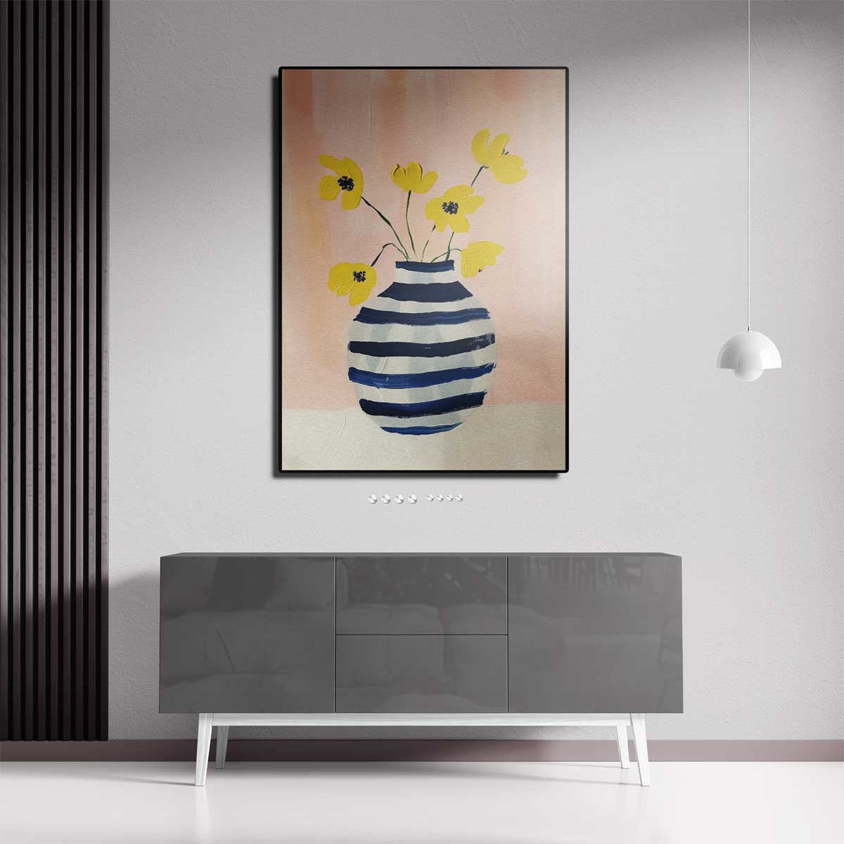 Zonnige Bloemen in Gestreepte Vaas Kunstwerk-canvas-dibond-plexiglas-wanddecoratie-WallArtistic