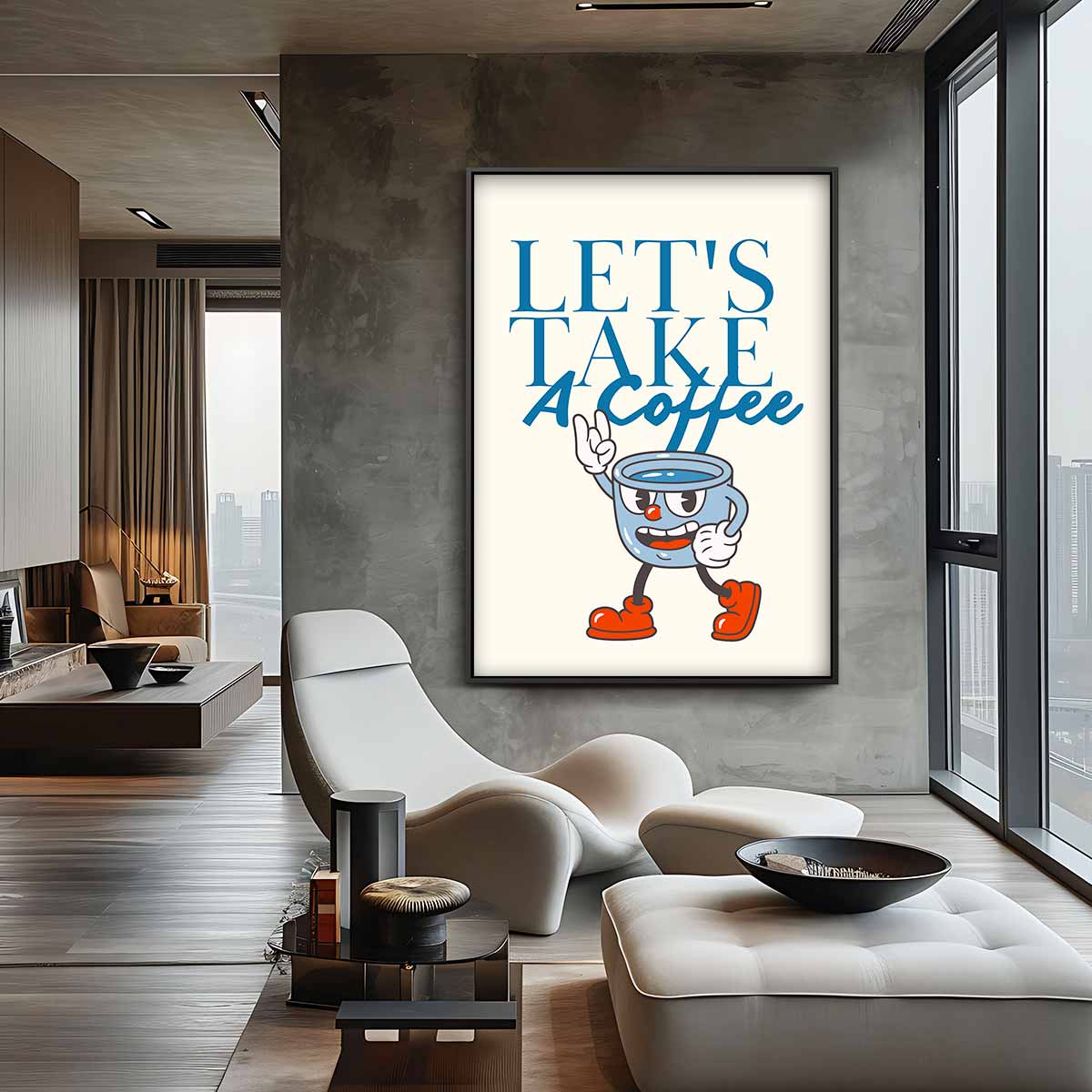 Vrolijke Koffie Mok Illustratie Kunstwerk-canvas-dibond-plexiglas-wanddecoratie-WallArtistic