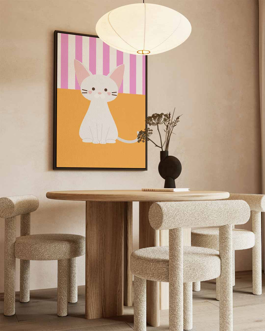 Schattige Kat op Streepjesachtergrond Kunstwerk-canvas-dibond-plexiglas-wanddecoratie-WallArtistic
