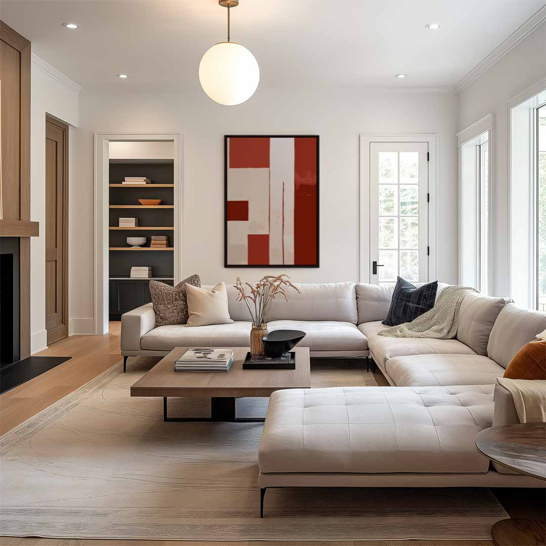 Abstracte Rood-Beige Compositie Kunstwerk-canvas-dibond-plexiglas-wanddecoratie-WallArtistic