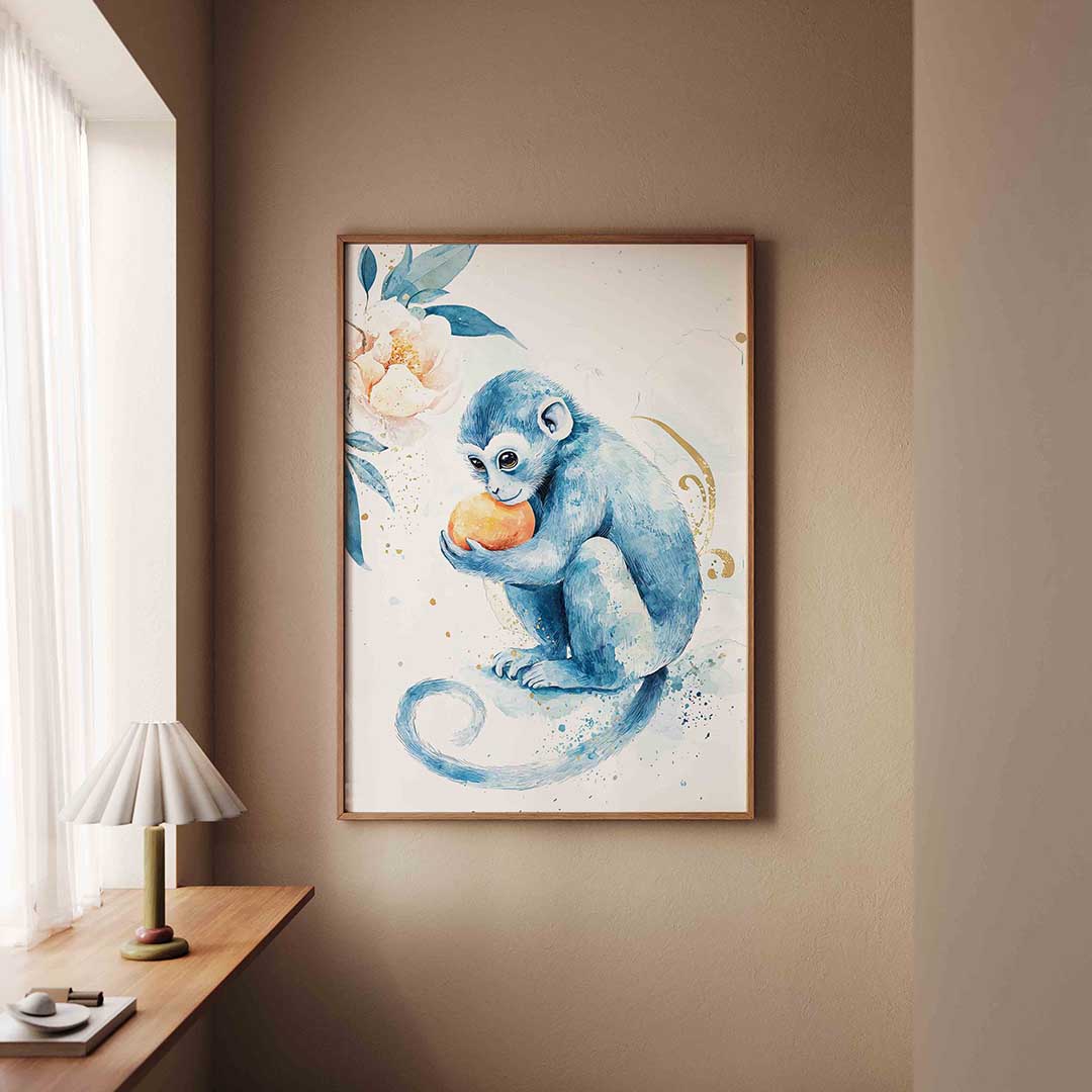 Blauwe aap met sinaasappel Poster