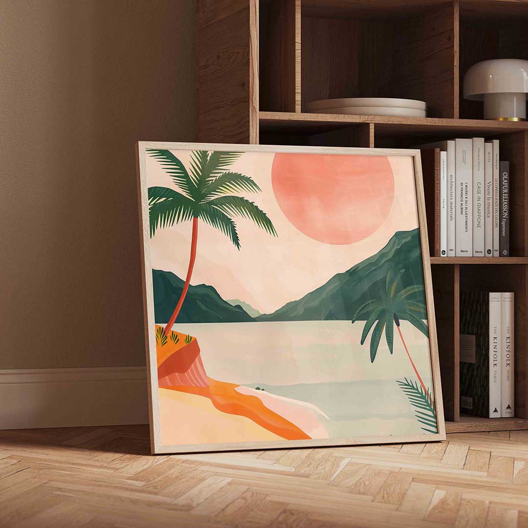 Palmboom en zonsondergang Poster