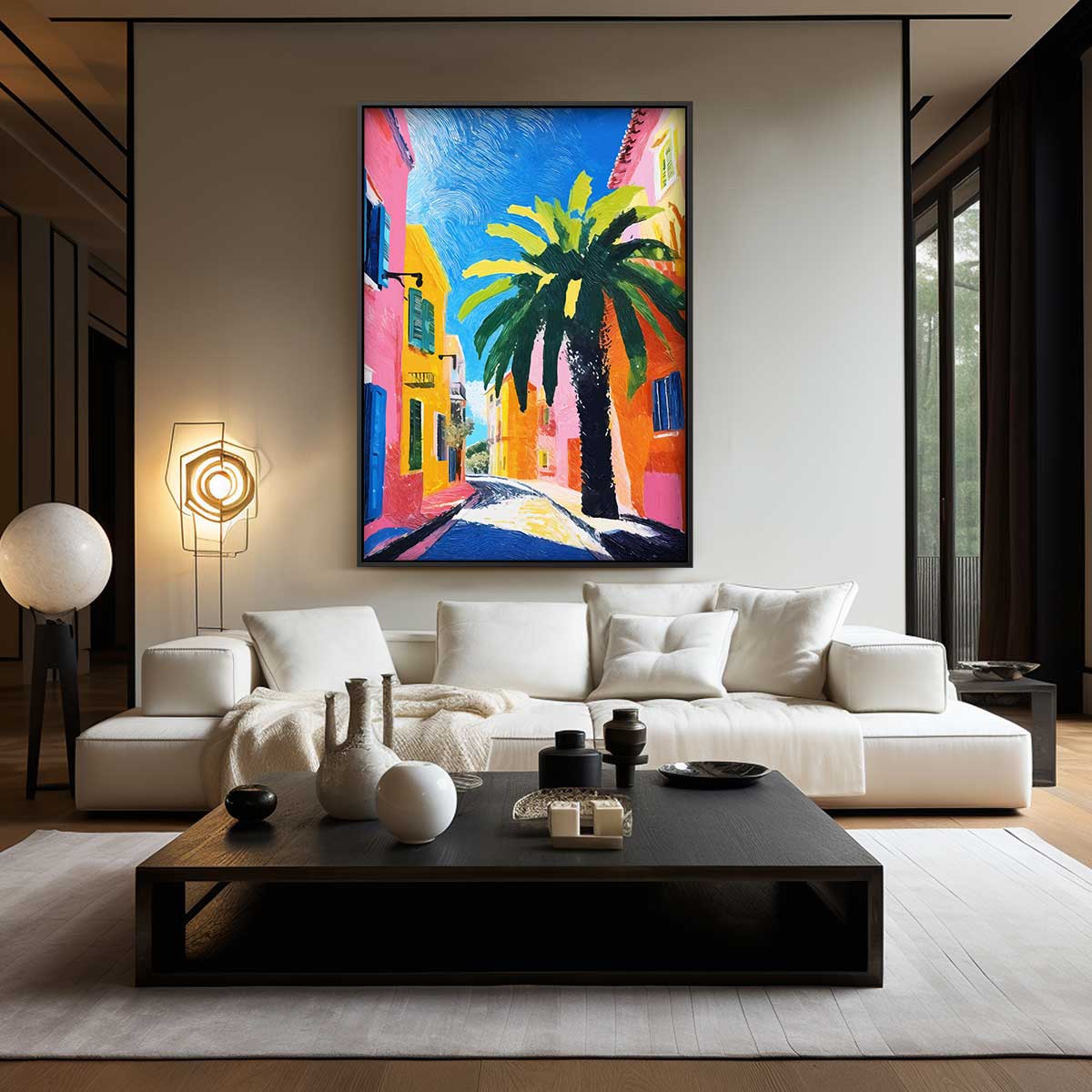 Zomerse Straat met Palmboom Kunstwerk-canvas-dibond-plexiglas-wanddecoratie-WallArtistic