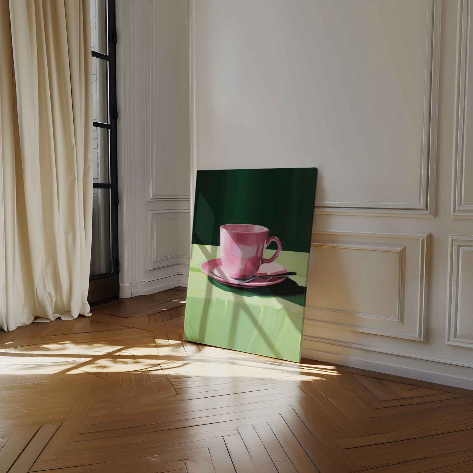 Roze Kopje op Groen Tafellaken Kunstwerk-canvas-dibond-plexiglas-wanddecoratie-WallArtistic