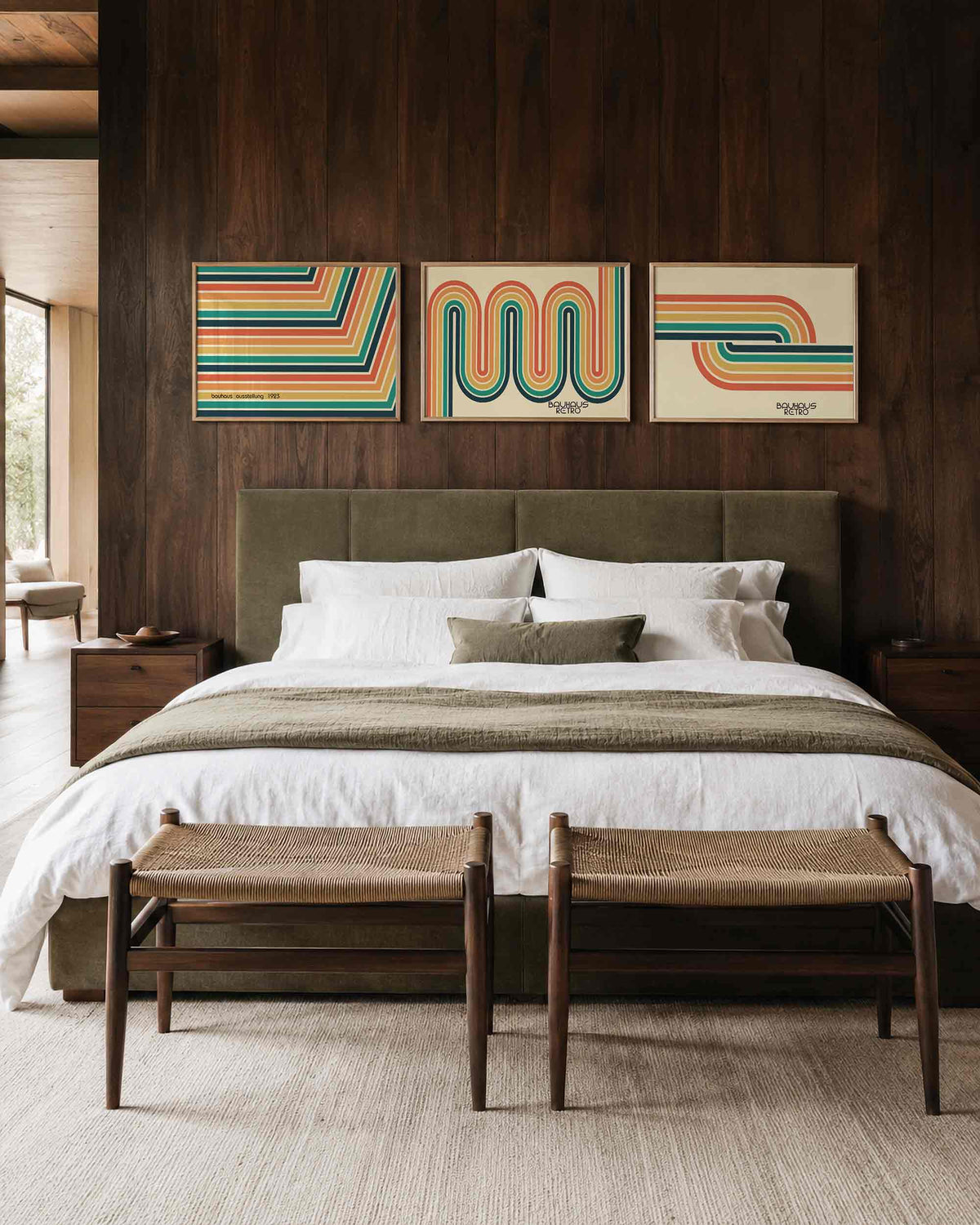 Interieurmockup van drieluik landscape-posterset met gestreepte bogen en banen
