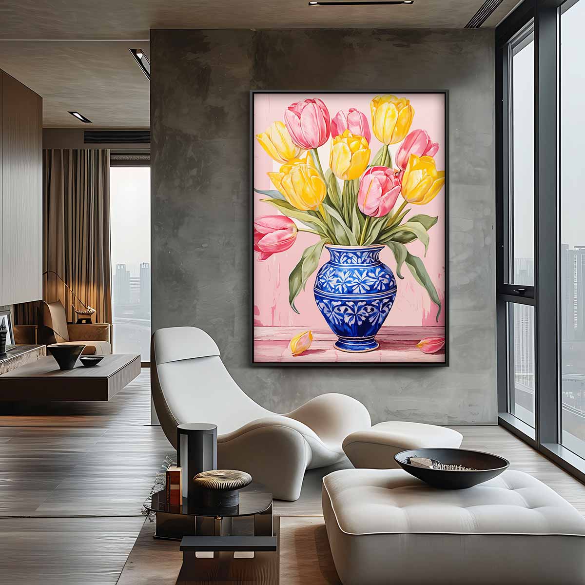 Stralende Tulpen in Blauwe Vaas Kunstwerk-canvas-dibond-plexiglas-wanddecoratie-WallArtistic