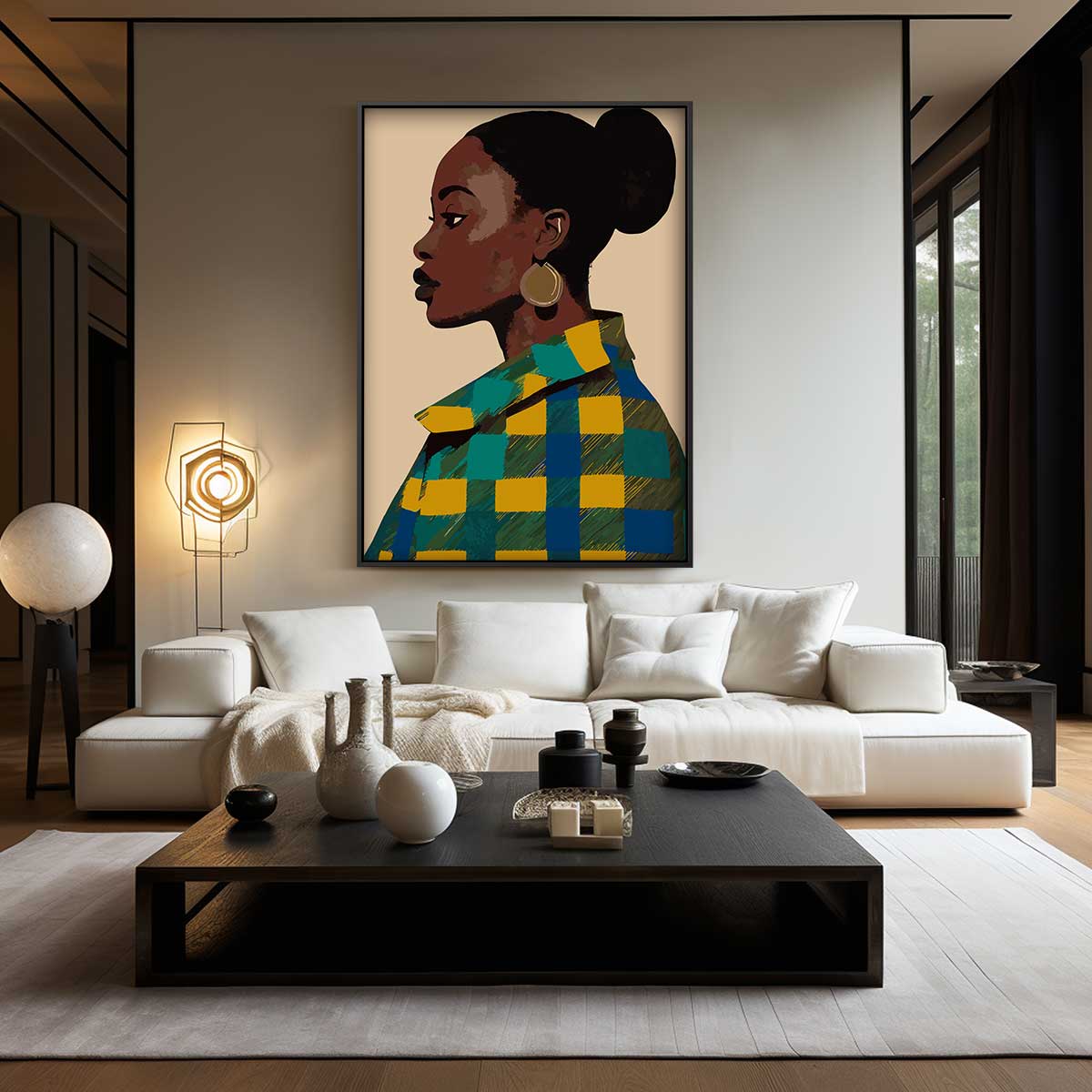 Vrouw in Vrolijk Patroon Kunstwerk-canvas-dibond-plexiglas-wanddecoratie-WallArtistic