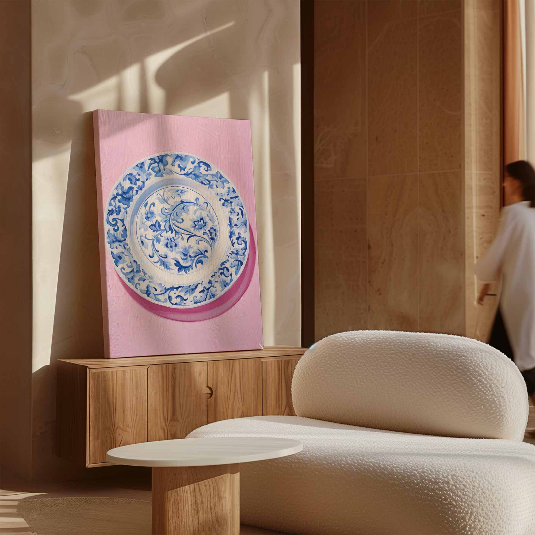 Blauwe Bloemenpracht op Roze Kunstwerk-canvas-dibond-plexiglas-wanddecoratie-WallArtistic