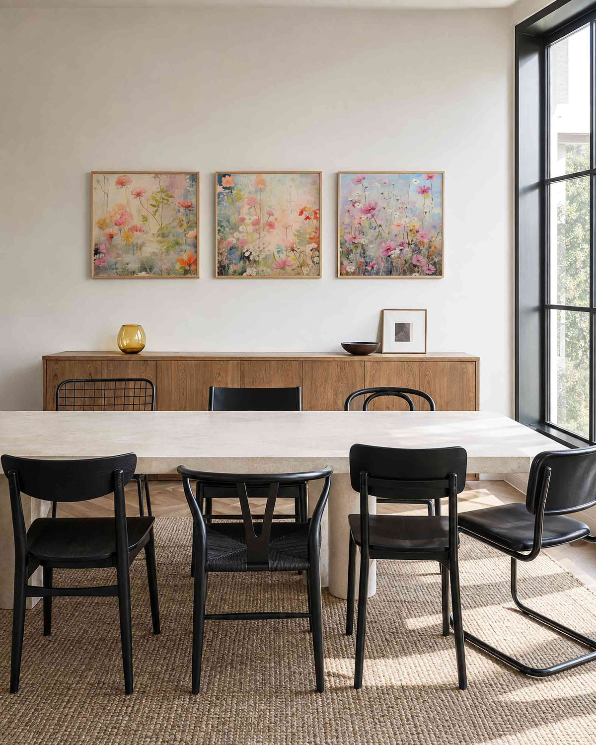 Interieurpresentatie van een driedelige vierkante posterset met pastelkleurige bloemen