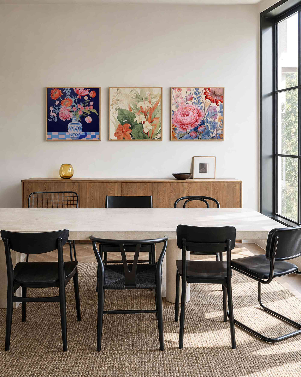 Interieurpresentatie van een driedelige vierkante posterset met kleurrijke bloemen