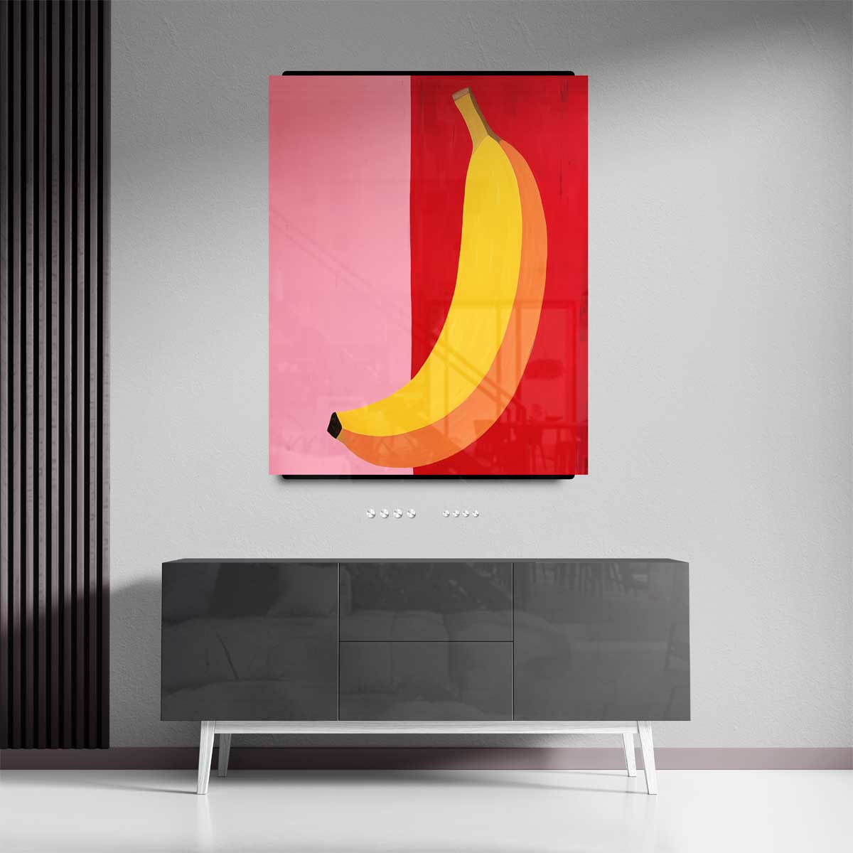 Kleurrijke Banaan op Roze en Rood Kunstwerk-canvas-dibond-plexiglas-wanddecoratie-WallArtistic