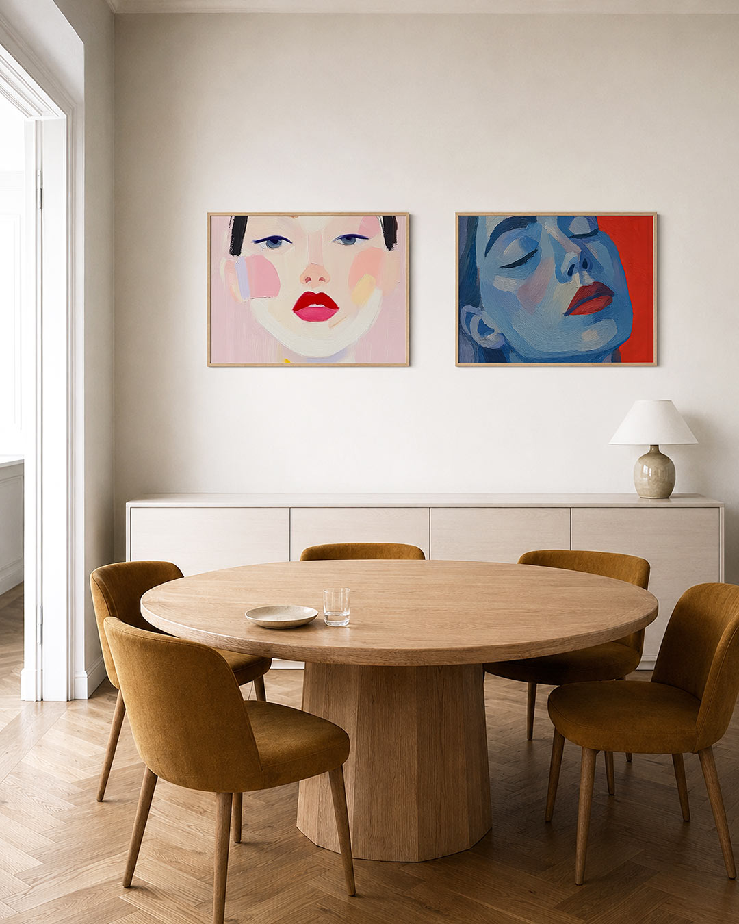Twee liggende posters met een gezicht met levendige kleurvlakken, aan de muur in een interieur