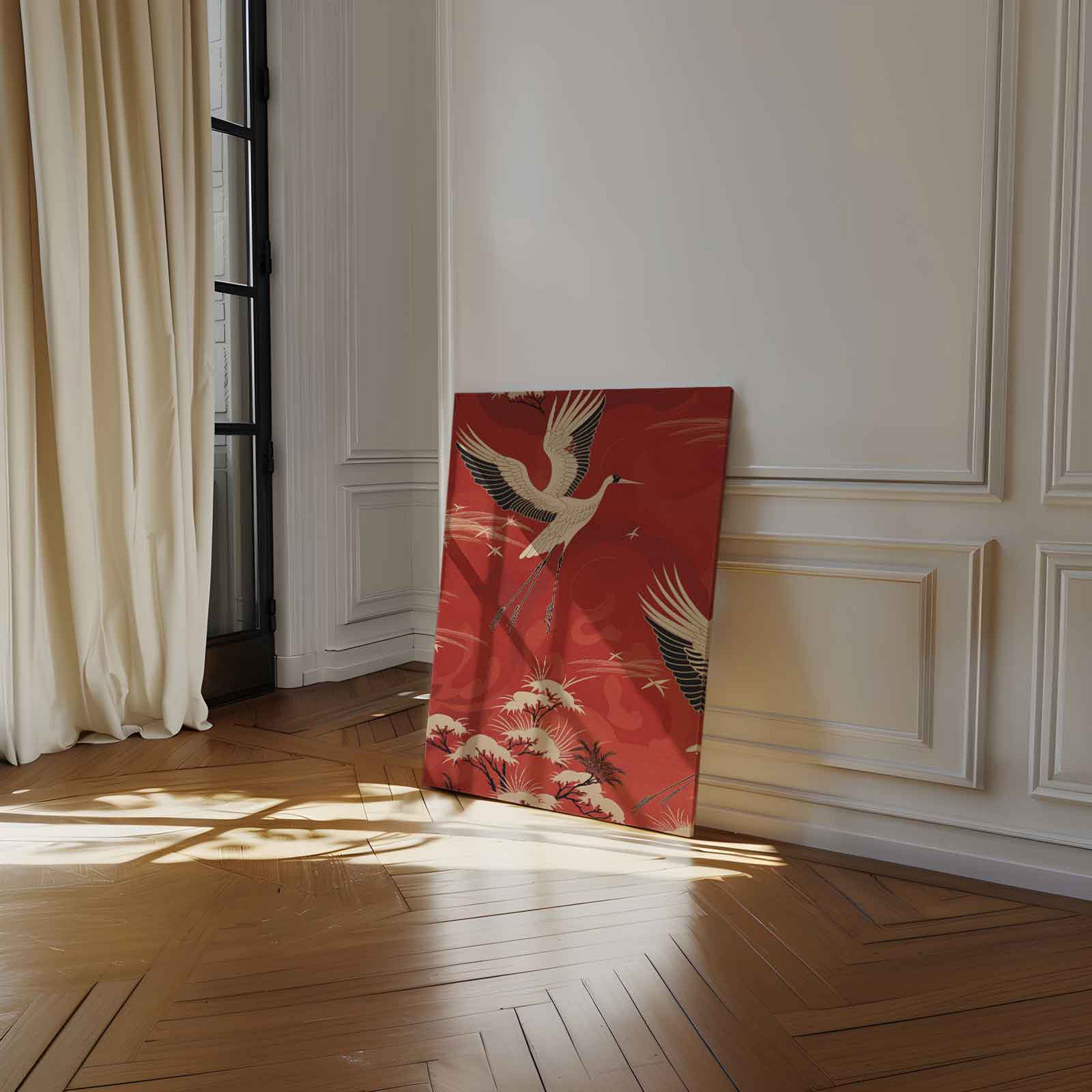 Vliegende Kraanvogels in het Rood Kunstwerk-canvas-dibond-plexiglas-wanddecoratie-WallArtistic