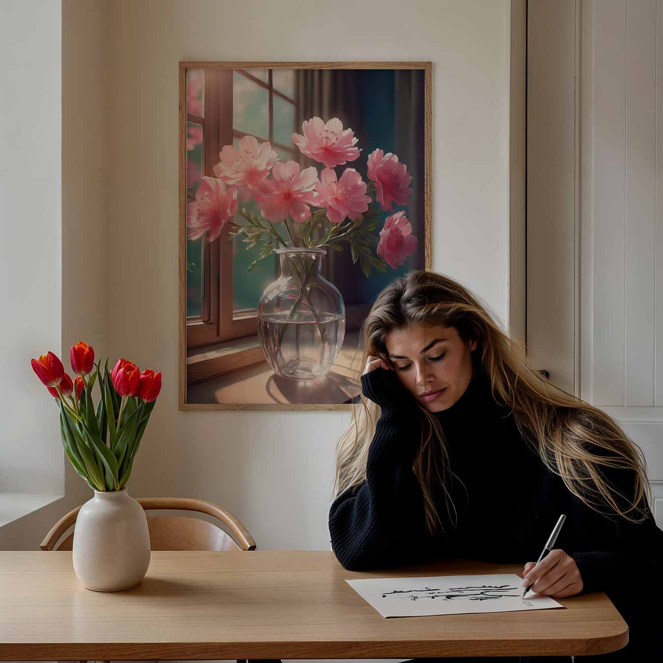 Romantische Bloemen bij het Raam Poster