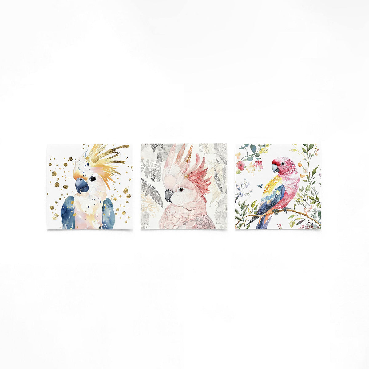 Drie vierkante posters met kaketoes in aquarel op een gebroken witte achtergrond