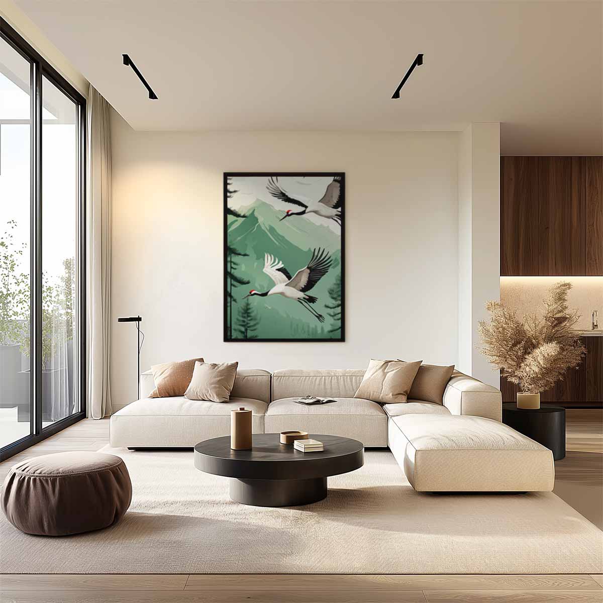 Flying Cranes in Mountain Landscape Artwork