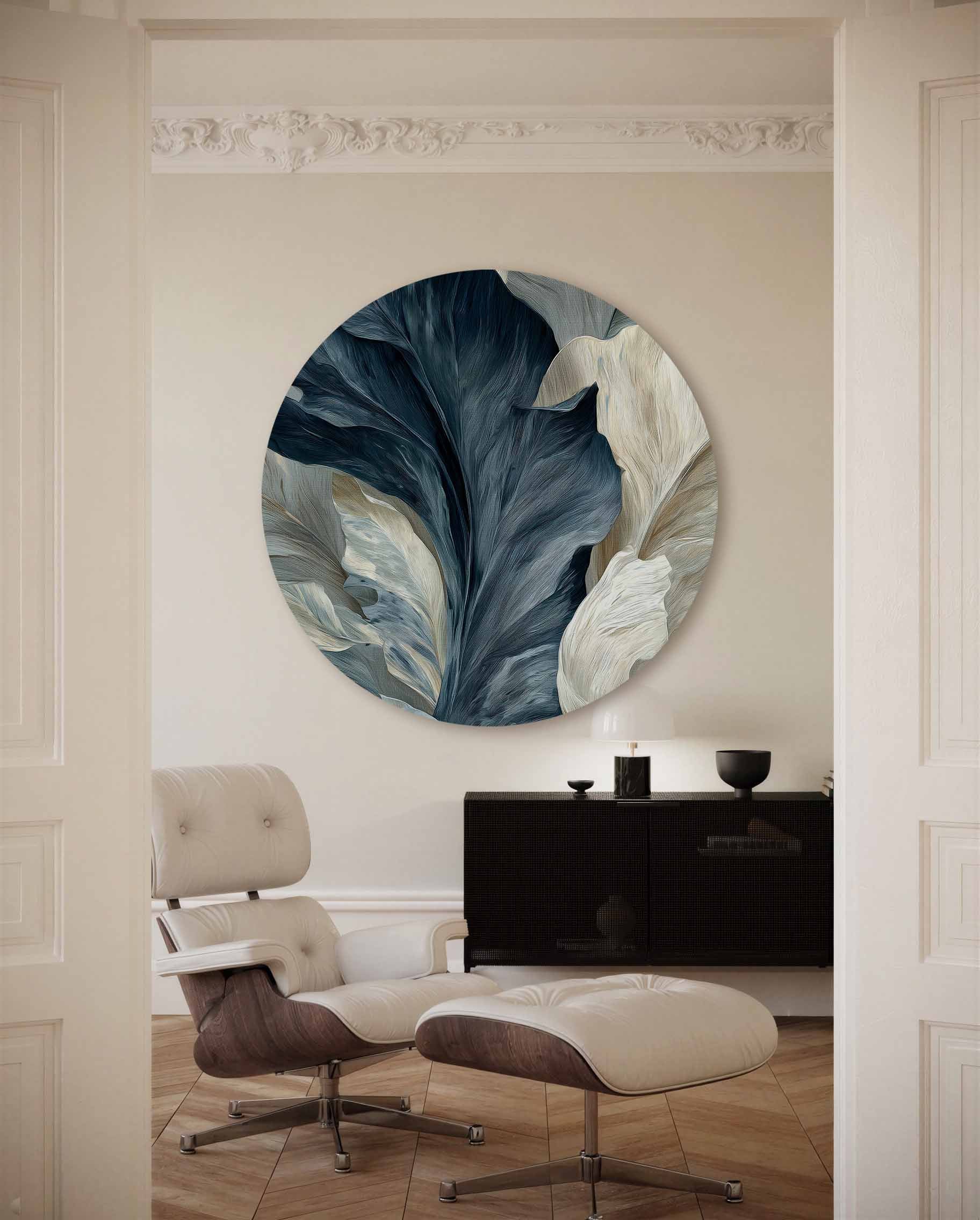 Bladeren in blauw en beige Muurcirkel